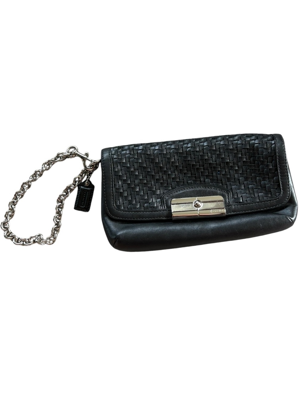 Coach Black Woven Leather Wristlet Clutch Wallet Chain Strap